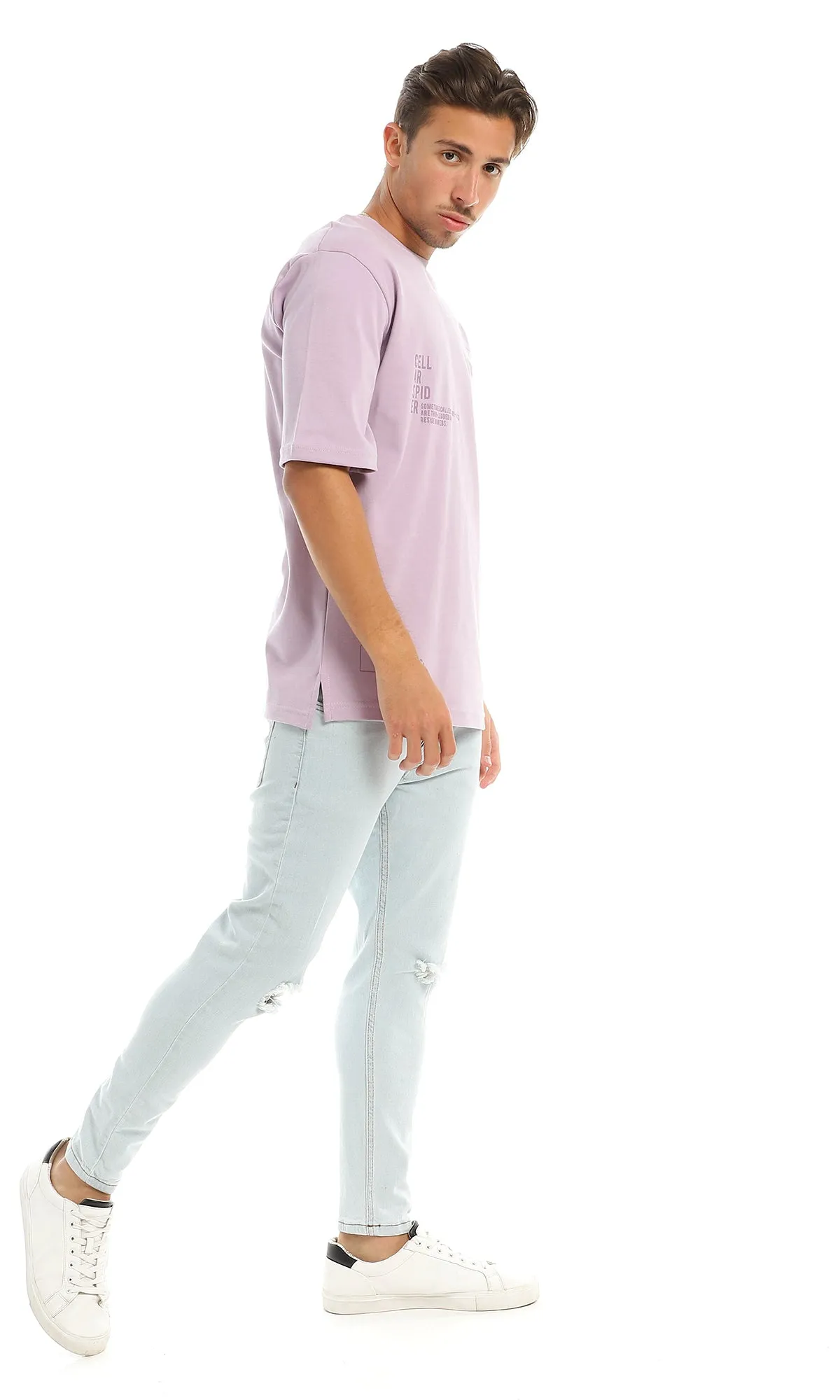 97437 Simple Short Sleeves Printed Round Lilac T-Shirt