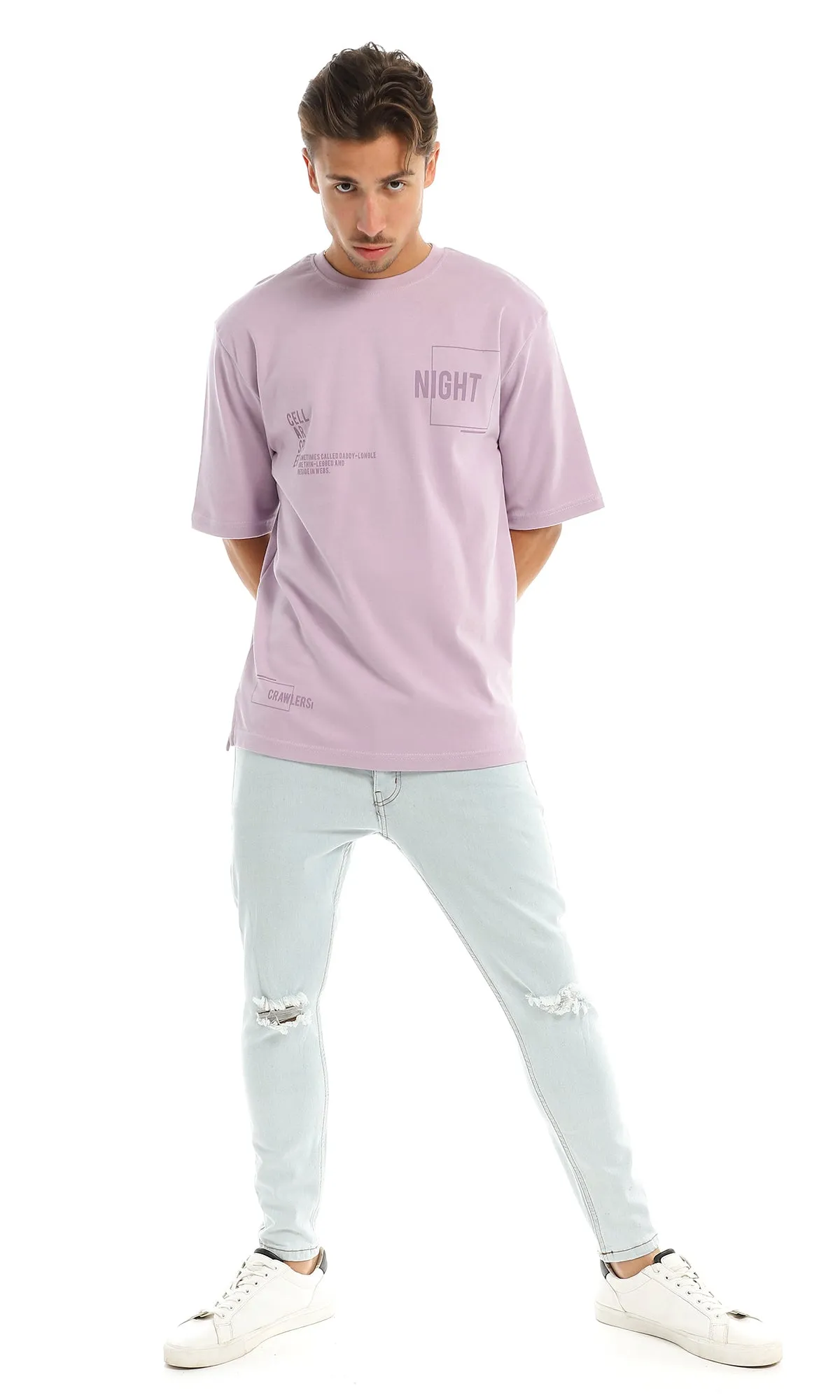 97437 Simple Short Sleeves Printed Round Lilac T-Shirt