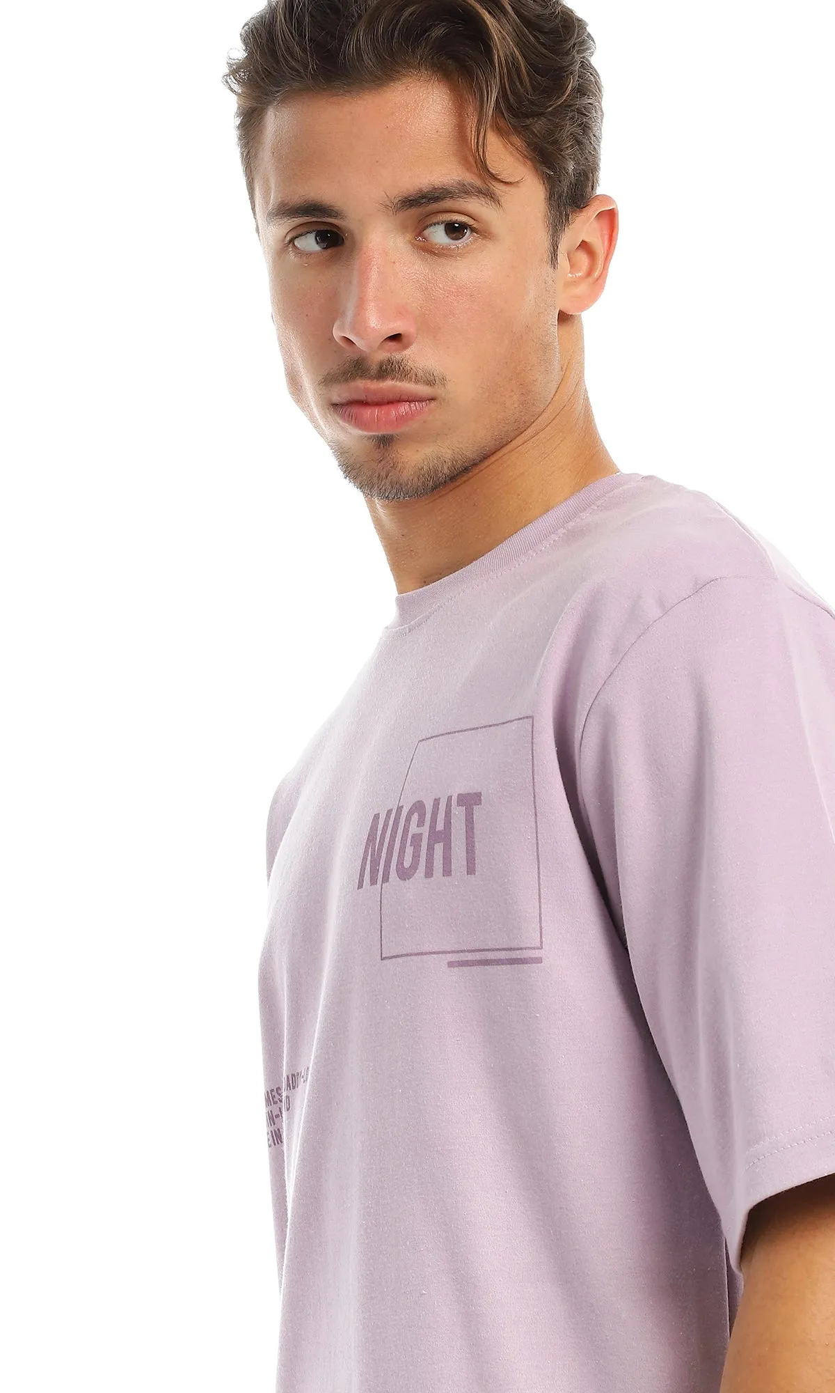 97437 Simple Short Sleeves Printed Round Lilac T-Shirt