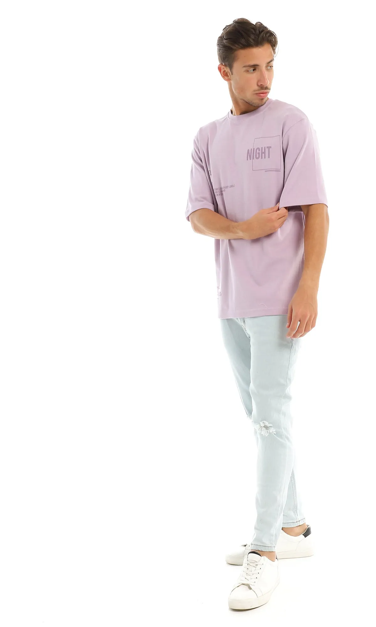 97437 Simple Short Sleeves Printed Round Lilac T-Shirt