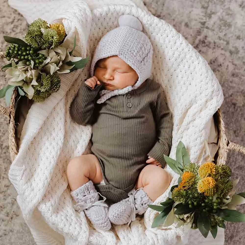 Grey Merino Wool Bonnet & Booties