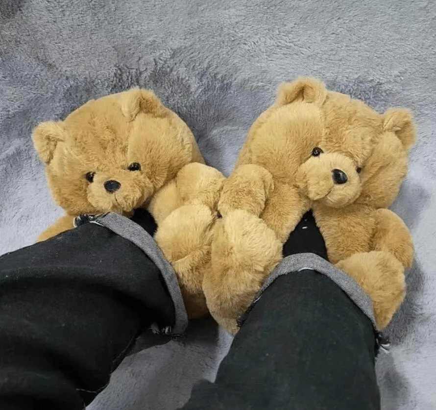 Honey Brown Teddy Bear Plush Slippers