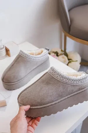 House Of Sehrish 20219 Grey Fluffy Platform Slippers Faux Fur Lined Ankle Boots