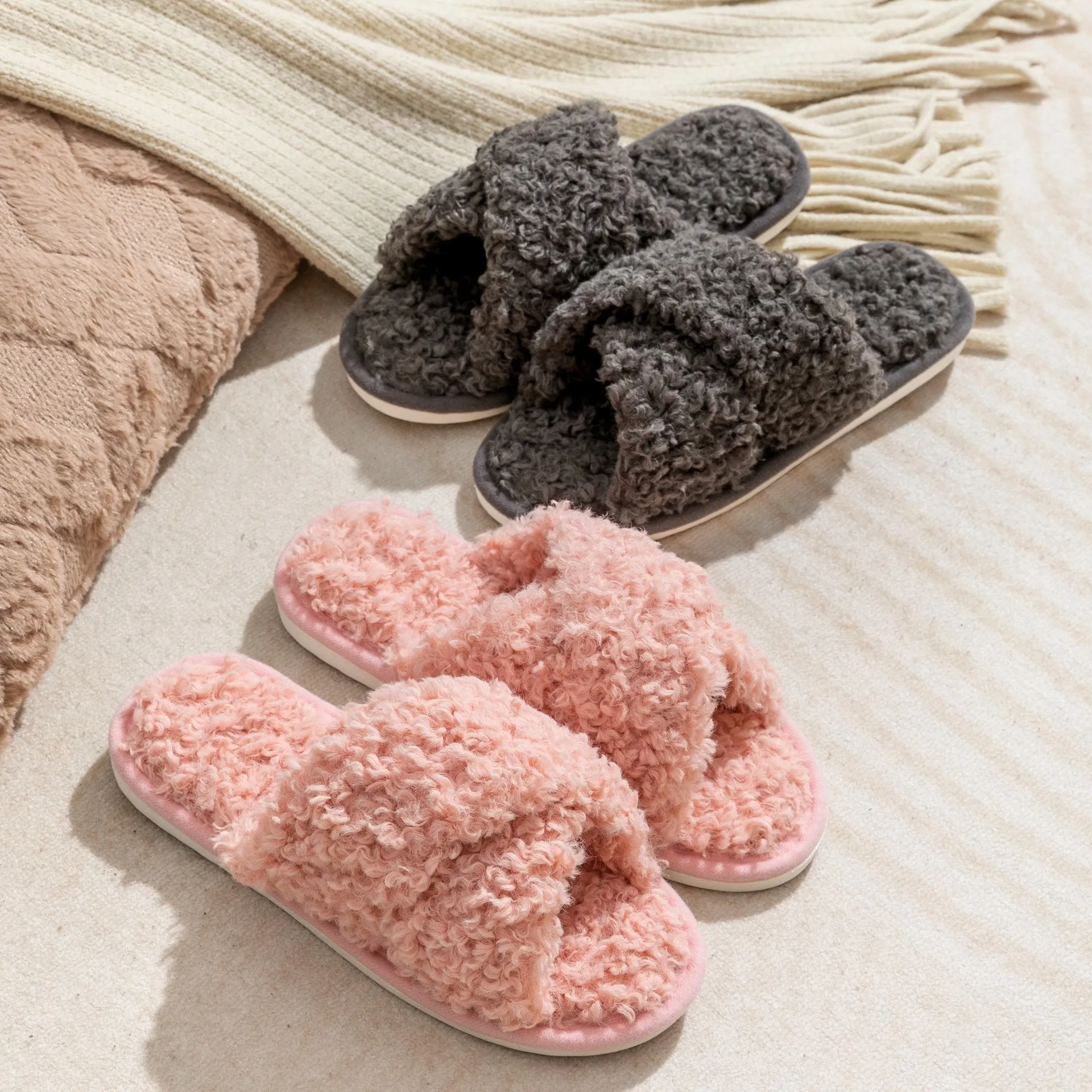 Wholesale Plush Cross Strap Slippers
