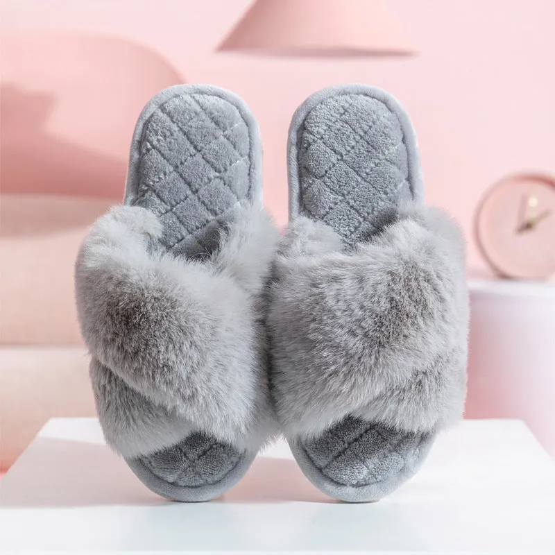 Wholesale PVC Winter Plush Cross Strap Slippers
