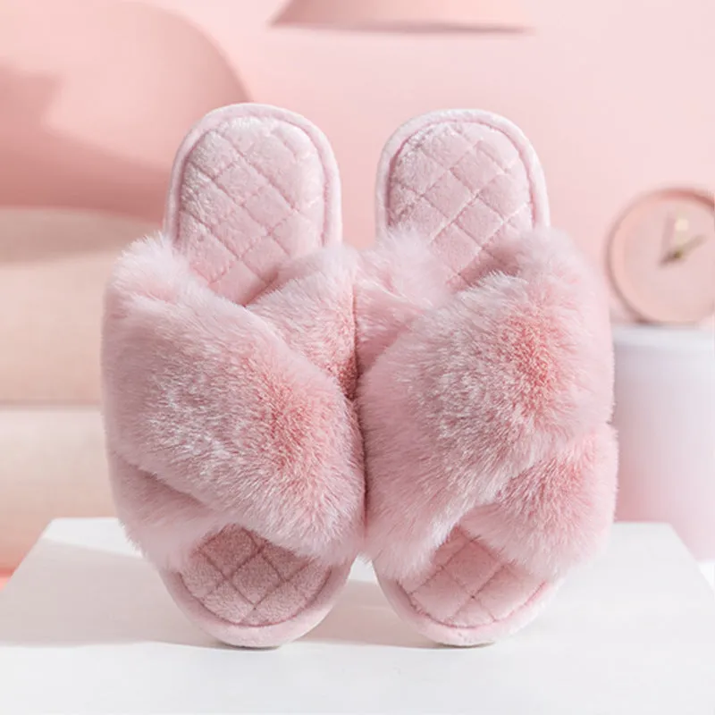 Wholesale PVC Winter Plush Cross Strap Slippers