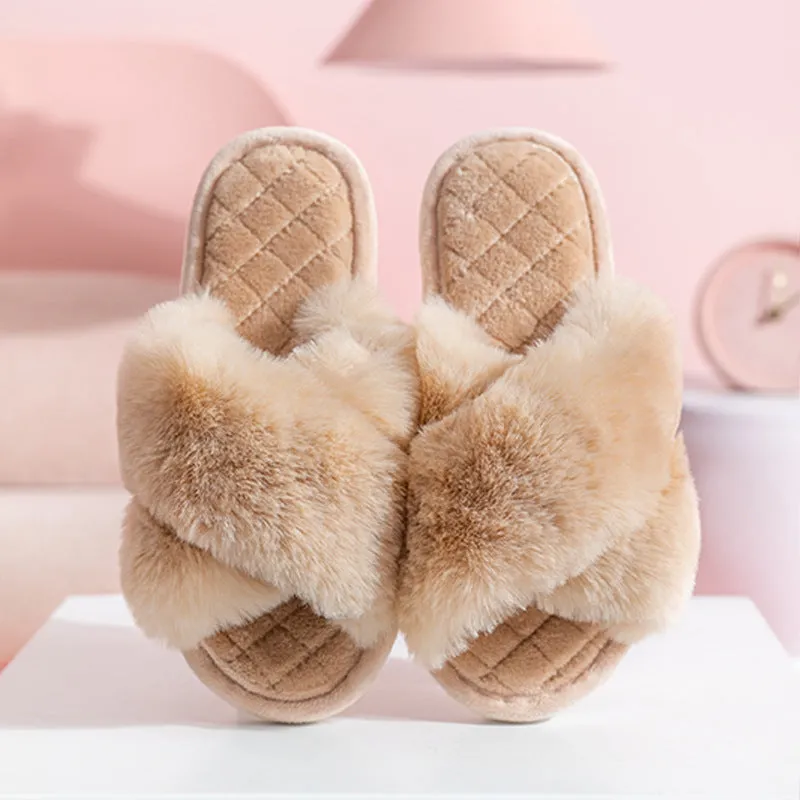 Wholesale PVC Winter Plush Cross Strap Slippers